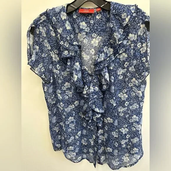 Y2K Oscar De La Renta Blue Floral Ruffle Short Flutter Sleeve Blouse Size 8 - Picture 8 of 14